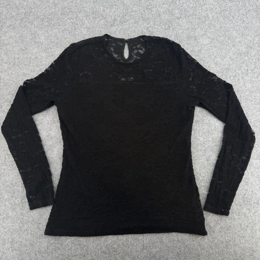 Lauren Ralph Lauren Top Womens Medium Black Floral Lace Long Sleeve EUC